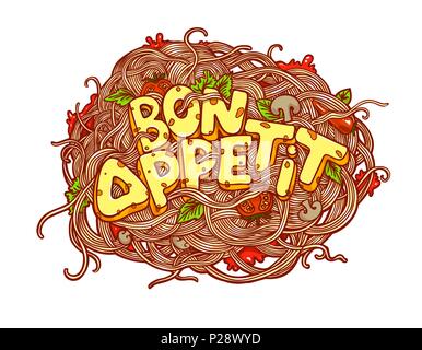 Hand drawn typography poster. Bon appetit. Vector illustration with pasta Stock Vector