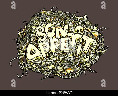 Hand drawn typography poster. Bon appetit. Vector illustration with pasta Stock Vector