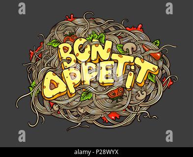 Hand drawn typography poster. Bon appetit. Vector illustration with pasta Stock Vector