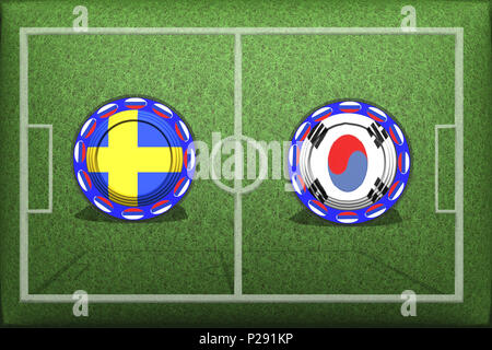 Football, World Cup 2018, Game Group F, Sweden - South Korea, Monday, June 18, Button with national flags on the green grass. Stock Photo