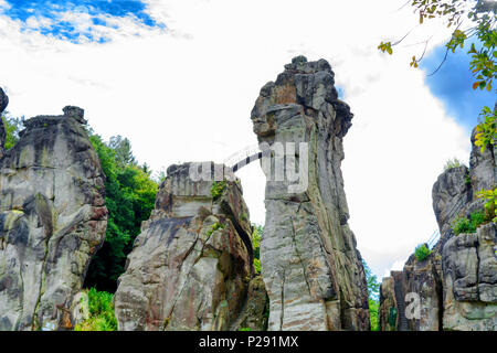 The Externsteine in Indian Summer Look, striking sandstone rock formation in the Teutoburg Forest, Germany, North Rhine Westphalia Stock Photo