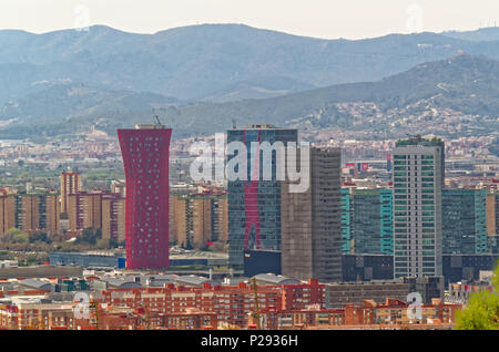 Barcelona, Spain - March 29, 2015: Scenic view on the skylines of Barcelona. From the left to the right: Hotel Porta Fira, Torre Realia BCN, Torre Zen Stock Photo