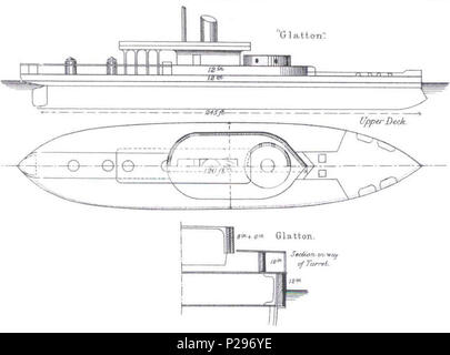 . Diagrams depicting plan, right elevation and hull cross-section of British breastwork monitor HMS Glatton. circa. 1872-1888. Brassey's 149 HMS Glatton diagrams Brasseys 1888 Stock Photo