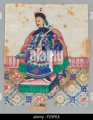 .  English: Painting (China), ca. 1890 .  English: Vertical rectangle. Male court official is shown seated on dais which rests on over-patterned rug. He is dressed in heavily embroidered garment with cape over shoulders. . circa 1890 216 Painting (China), ca. 1890 (CH 18453647) Stock Photo