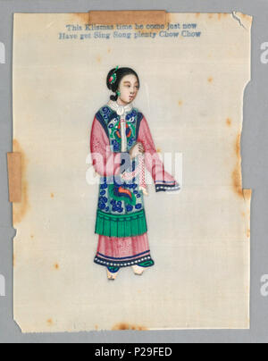 .  English: Painting (China), ca. 1890 .  English: Vertical rectangle. Female court attendant is shown in pink goun, heavily embroidered blue and green top-dress . circa 1890 216 Painting (China), ca. 1890 (CH 18453641) Stock Photo