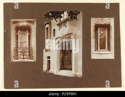 .  English: Photograph, Detail of Windows and Door of House of Hector Guuimard, 22 Rue Mozart, ca. 1910 .  English: Photographs depicting windows and doors on Hector Guimard's house. At left, a large window with cast bronze balustrade. At center, seen from the right, the front entrance to the house with grillework. Pictured right, another window without grillework. . circa 1910 222 Photograph, Detail of Windows and Door of House of Hector Guuimard, 22 Rue Mozart, ca. 1910 (CH 18411105-2) Stock Photo