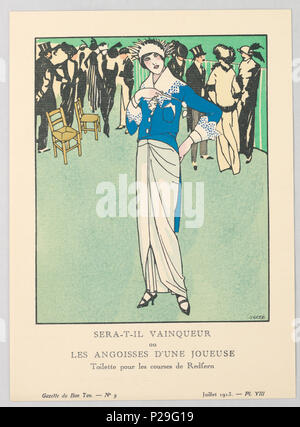 .  English: Print, Gazette du Bon Ton (Journal of Good Taste), Vol. 1, No. 9, Sera-t-il Vainqueur ou Les Angoisses d'une Joueuse (Will He Be Victorious or The Anxieties of a Player), Plate 8, 1913 .  English: The caption reads: SERA-T-IL VAINQUEUR ou LES ANGOISSES D'UNE JOUEUSE / Toilette pour les courses de Redfern. Center a woman stands in a white evening dress with gathered pleats and a blue-tailed coat with whtie lace detailing. Atop her head sits a white spiked crown. Behind her stand a series of men and women all dressed in black and white formal wear. . 1913 267 Print, Gazette du Bon To Stock Photo