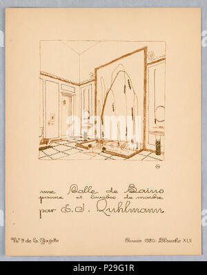 .  English: Print, Gazette du Bon Ton, Vol. 2, No. 9, pages de Croquis, Plate 42, 1920 .  English: Vertical rectangle. Design for bathroom interior showing bathtub (pool) in white marble with sinks at either side in white marble and gold mosaic. . 1920 267 Print, Gazette du Bon Ton, Vol. 2, No. 9, pages de Croquis, Plate 42, 1920 (CH 18509409) Stock Photo