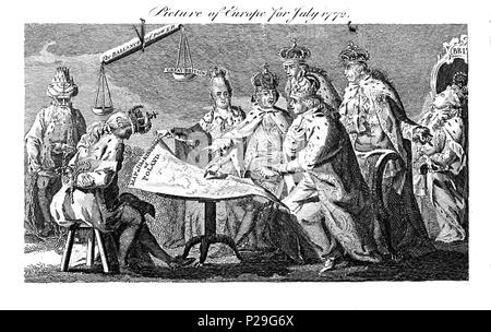 . English: Picture of Europe for July 1772. Allegory of the 1st partition of Poland. Русиньскый: Первый роздѣл Польщи (1772) на тогочасной англицкой карикатурѣ, Катерина ІІ. Велика (Россия), Фридрих ІІ. Великый (Пруссия) и Йозеф ІІ. (Австрия) дѣлять Польщу при тихом сугласѣ султана Мустафы ІІІ.; британскый краль Георг ІІІ., одсунутый на задный план, омдлѣв; симболичны вагы указують слабость Великой Британии Polski: Obraz Europy w lipcu 1772, satyryczna rycina brytyjska . 18th century. Anonymous 224 Picture of Europe for July 1772 Stock Photo