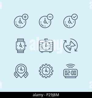 Blue Set of time, clock, watch, timer vector simple outline icons for web and mobile design pack 3 Stock Vector