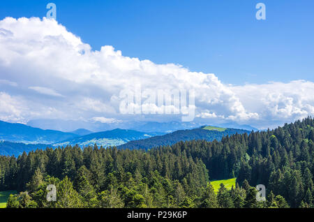 Rural area and landscape in the Westallgau region around the place of Scheidegg near Lindau, Bavaria, Germany. Stock Photo