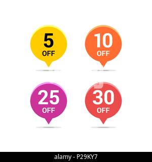Sale discount icons. Special offer price signs. 5, 10, 25 and 30 percent off reduction symbols. Colored vector flat elements badges Stock Vector