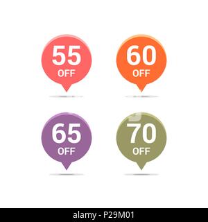 Sale discount icons. Special offer price signs. 55, 60, 65 and 70 percent off reduction symbols. Colored vector flat elements badges Stock Vector