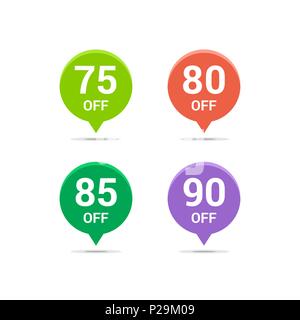 Sale discount icons. Special offer price signs. 75, 80, 85 and 90 percent off reduction symbols. Colored vector flat elements badges Stock Vector