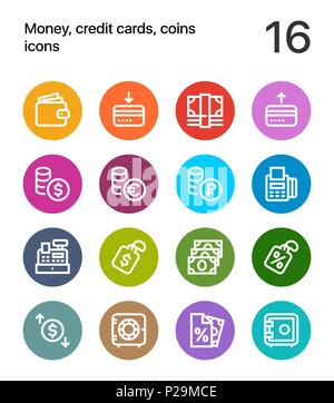 Colorful Money, credit cards, coins icons for web and mobile design pack 2 Stock Vector