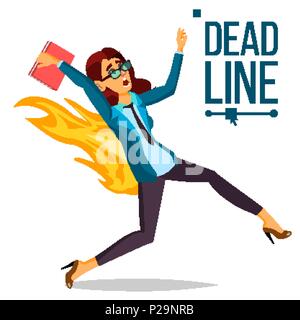 Deadline Concept Vector. Lack Of Time. Mess And Deadline Tasks. Stress In Office. Running Business Woman On Fire. Workers Hurry Up With Job. Illustration Stock Vector