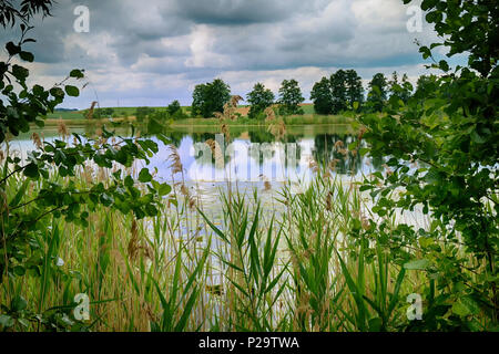 Dark storm clouds and reflections on the lake water surface behind the reeds Stock Photo