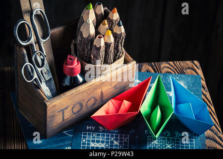 Battleship paper game with red and blue ships Stock Photo