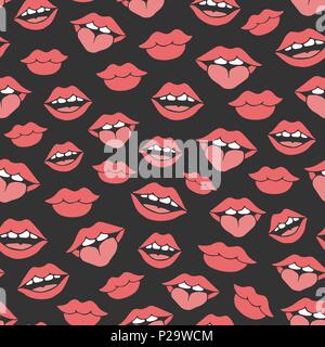 Vector repeat pattern with red woman lips of different shapes showing smile, teeth and tongue on the black background. Mouth drawing in sketch style. Stock Vector