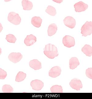 Hand painted pink watercolor blots and spots seamless pattern on the white background. Vector artistic textures  for your design. Stock Vector