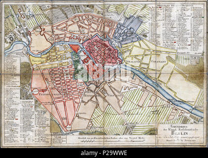 . Grundriss der Königl. Residenzstädte BERLIN. Im Jahr 1798 von neuen angefertigt durch D.F.Sotzman.. Deutsch: Kopie der Karte von 1792 mit einigen Korrekturen und Änderungen. Aus: J.D.F.Rumpf, Neuester Wegweiser [...] Ein Handbuch für Fremde und Einheimische Zweites Bändchen. Berlin. 1798. Bey Wilhelm Oehmigke dem Jüngern. Der Titel steht rechts unten in einem rechteckigen Kasten. Rechts oben und links unten eine Legende mit 141 Nummern zu den 10 Teilstädten. Am unteren Rand ein Maßstab über '500 Rheinländische Ruthen oder eine Viertel Meile' . 1798. Daniel Friedrich Sotzmann 294 Sotzmann Ber Stock Photo