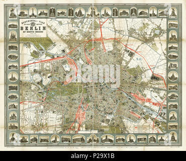 . Monumental-Plan der Reichshauptstadt Berlin mit nächster Umgebung. Deutsch: Der Titel steht 4-zeilig links oben gerahmt im Plan. Unter dem Plan zwei Maßstabsleisten über 2000 Meter und 2500 Schritt. Der Plan ist unterteilt in Planquadrate A-M und 1-10. Um den Plan, innerhalb des Rahmens gruppieren sich 54 Ansichten bedeutender Bauten mit dem über Planquadrate verorteten Standort. Der Plan erschien in: Straube's Verkehrs-Handbuch. Berlin und seine Umgebung in Karten, Wort und Bild. 1896. de:Julius Straube 297 Straube Monumental-Plan der Reichshauptstadt Berlin 1896 Stock Photo