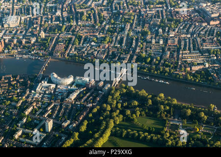 Early morning aerial view of Chelsea and Battersea Park from the South Stock Photo