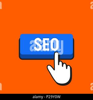 Hand Mouse Cursor Clicks the SEO Button. Pointer Push Press Button Concept. Stock Vector