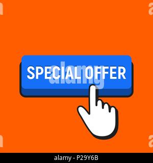 Hand Mouse Cursor Clicks the Special Offer Button. Pointer Push Press Button Concept. Stock Vector