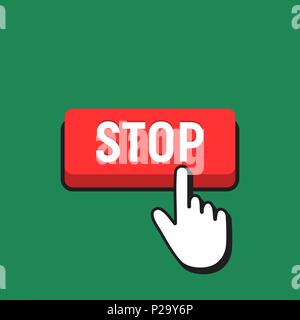 Hand Mouse Cursor Clicks the Stop Button. Pointer Push Press Button Concept. Stock Vector