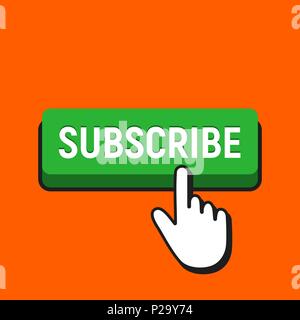 Hand Mouse Cursor Clicks the Subscribe Button. Pointer Push Press Button Concept. Stock Vector