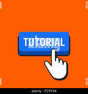 Hand Mouse Cursor Clicks the Tutorial Button. Pointer Push Press Button Concept. Stock Vector