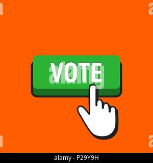 Hand Mouse Cursor Clicks the Vote Button. Pointer Push Press Button Concept. Stock Vector