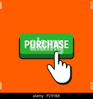 Hand Mouse Cursor Clicks the Purchase Button. Pointer Push Press Button Concept. Stock Vector