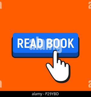 Hand Mouse Cursor Clicks the Read Book Button. Pointer Push Press Button Concept. Stock Vector