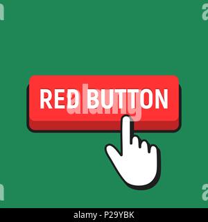 Hand Mouse Cursor Clicks the Red Button. Pointer Push Press Button Concept. Stock Vector