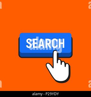 Hand Mouse Cursor Clicks the Search Button. Pointer Push Press Button Concept. Stock Vector