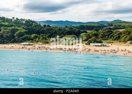 View of Castell beach with people bathing in Palamos, Costa Brava, Girona, Catalonia, Spain Stock Photo