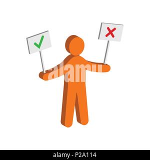 Figure man holding right and wrong signs. Flat Isometric Icon or Logo. 3D Style Pictogram for Web Design, UI, Mobile App, Infographic. Vector Illustra Stock Vector