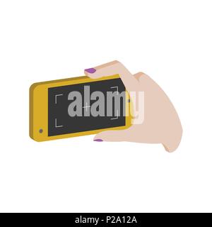 Taking photo on smartphone symbol. Flat Isometric Icon or Logo. 3D Style Pictogram for Web Design, UI, Mobile App, Infographic. Vector Illustration on Stock Vector