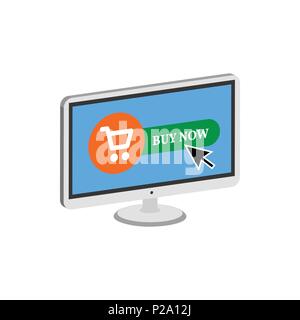 Pressing Buy Button on Display, Online Commerce symbol. Flat Isometric Icon or Logo. 3D Style Pictogram for Web Design, UI, Mobile App, Infographic. V Stock Vector