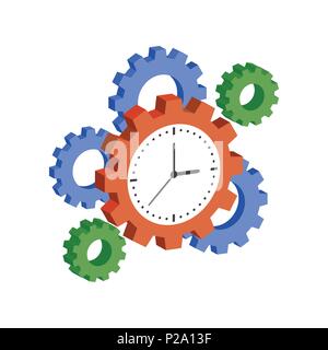 Clock with Cogwheels, Time Management symbol. Flat Isometric Icon or Logo. 3D Style Pictogram for Web Design, UI, Mobile App, Infographic. Vector Illu Stock Vector