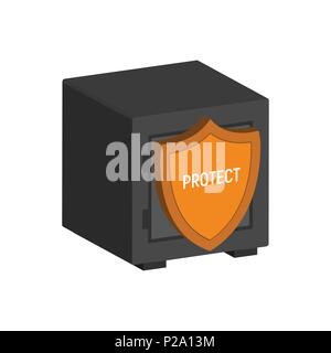Metal Safe with Shield, Financial Protection symbol. Flat Isometric Icon or Logo. 3D Style Pictogram for Web Design, UI, Mobile App, Infographic. Stock Vector