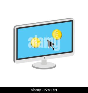 Golden Coins Jump out of Display, Make Money Online concept symbol. Flat Isometric Icon or Logo. 3D Style Pictogram for Web Design, UI, Mobile App, In Stock Vector