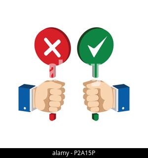 Hands with false and true signs. Flat Isometric Icon or Logo. 3D Style Pictogram for Web Design, UI, Mobile App, Infographic. Vector Illustration on w Stock Vector