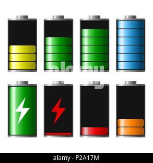 Set of battery charge level indicators, from full to low. Discharged and fully charged status. Degree of battery power. Stock Vector