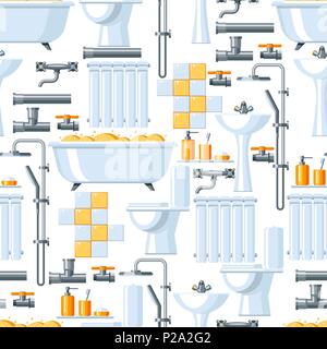 Bathroom interior. Plumbing seamless pattern. Stock Vector