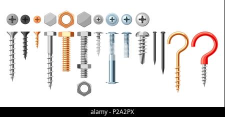 Set of bolts nuts nails. Stock Vector