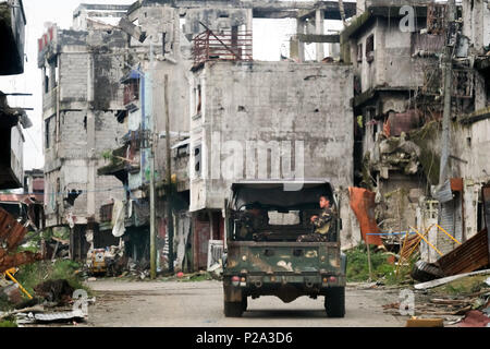 Marawi City, Philippines. 7th Feb. 2018. Damages and devastation in downtown Marawi City (so called 'Ground Zero') after the liberation by the Philippine Armed Forces following the one-year siege by ISIS in 2017 Stock Photo