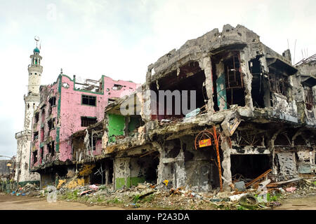 Marawi City, Philippines. 7th Feb. 2018. Damages and devastation in downtown Marawi City (so called 'Ground Zero') after the liberation by the Philippine Armed Forces following the one-year siege by ISIS in 2017 Stock Photo